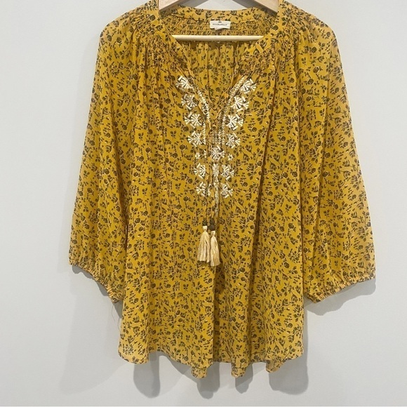 Mason & Belle Tops - MASON & BELLE Mustard Yellow Peasant Top Embroidered Ditsy Floral Boho Size 1X